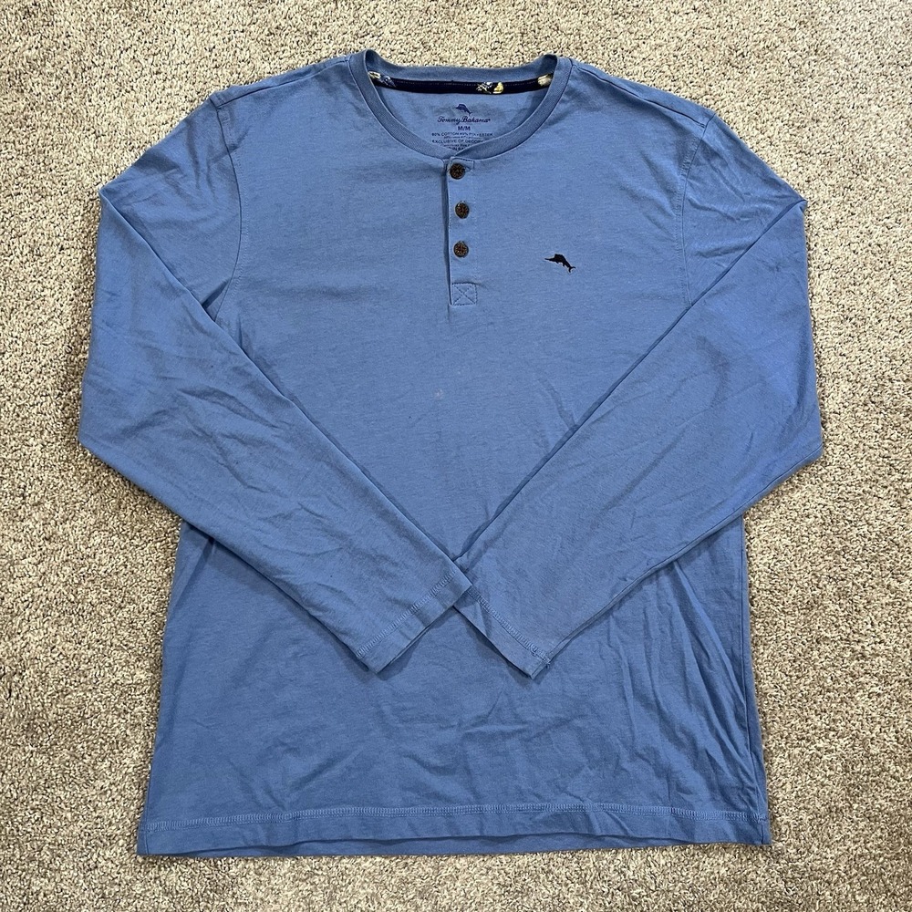 Tommy Bahama Henley Shirt M Blue Long Sleeve 3 Button Marlin Logo Casual comfort